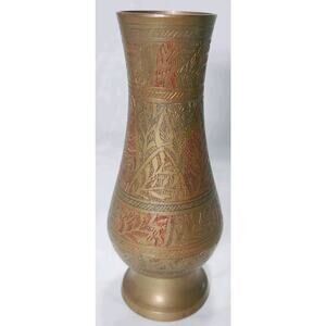 Vintage Solid Brass Bud Vase Small India Red Etched Design 5.75 inch